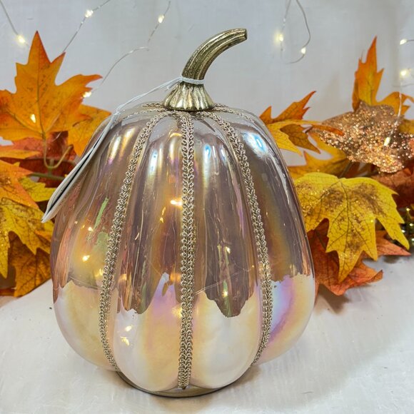 Rachel Zoe Opal Lavender Gold Orange Glass Pumpkin Caged LED Lighted 9" New - Picture 1 of 9